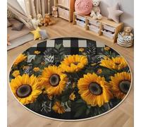 3D Printed Yellow Sunflower Grid Round Area Rug Circular Carpet Soft Non-Slip Washable Mat Low Pile Rug Beautiful Plants Anti-Slip Carpet For Living Room Bedroom Decoration,200Cm