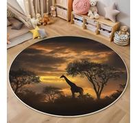 3D Printed Yellow Sunset Giraffe Round Area Rug Circular Carpet Soft Non-Slip Washable Mat Low Pile Rug African Animals Anti-Slip Carpet For Living Room Bedroom Decoration,160Cm