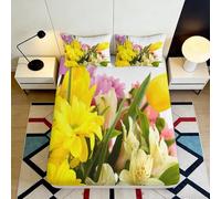 3D Printed Yellow Tulip Fitted Sheet Microfiber Soft Floral Bed Cover Spring Flowers Decor for Bedroom Guest Room Mattress Protection 90x200x25cm