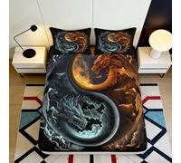 3D Printed Yin Yang Dragon Fitted Sheet Microfiber Soft Breathable Fire Water Bed Cover for Bedroom Guest Room Decor 90x200x25cm