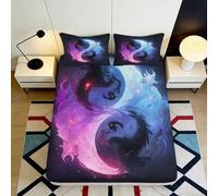 3D Printed Yin Yang Moon Fitted Sheet Microfiber Soft Purple Blue Wolf Bed Cover for Bedroom Dorm Mattress Decor 90x200x25cm