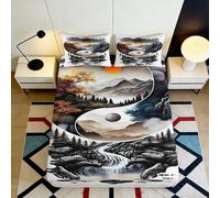 3D Printed Yin Yang Mountain River Fitted Sheet Microfiber Scenic Forest Bed Cover for Bedroom Dorm Easy Care 90x200x25cm