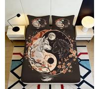 3D Printed Yin Yang Wolf Fitted Sheet Microfiber Soft Washable Cherry Blossom Bed Cover Bedroom Decor 90x200x25cm