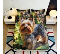 3D Printed Yorkshire Terrier Fitted Sheet Microfiber Soft Breathable Green Leaves Bed Cover for Bedroom Guest Room 90x200x25cm