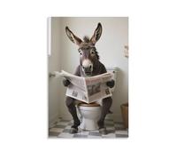 3D Printing Donkey Reading Newspaper Funny Wall Art in The Toilet Posters Abstract Animal Canvas Painting Modern Interesting Bathroom Artwork Humor 12x18inch(30x45cm)