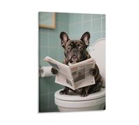 3D Printing French Bulldog Reading Newspapers Bathroom Wall Art Sitting on Toilet Canvas Prints Funny Abstract Animals Humor Posters Home Decor 12x18inch(30x45cm)