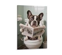 3D Printing French Bulldog Reading Newspapers Funny Bathroom Canvas Wall Art on Toilet Pictures Prints Abstract Animal Humor Interesting Poster Kids Modern Restroom Artwork Decor 08x12inch(20x30cm)