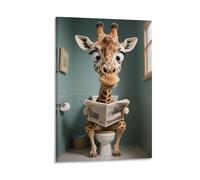 3D Printing Giraffes Reading Newspapers Funny Bathroom Wall Art Decor,Canvas Bathing Animals Humor Abstract Prints,Pictures for Toilet 12x18inch(30x45cm)