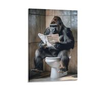 3D Printing Gorillas Reading Newspapers Funny Wall Art in The Toilet Posters Abstract Animal Canvas Painting Modern Interesting Bathroom Artwork Humor 16x24inch(40x60cm)