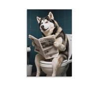 3D Printing Husky Reading Newspapers Funny Wall Art in The Toilet Posters Abstract Animal Canvas Painting Modern Interesting Bathroom Artwork Humor 12x18inch(30x45cm)