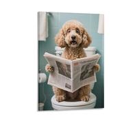 3D Printing Poodle Reading Newspapers Funny Bathroom Wall Art Decor,Canvas Bathing Animals Humor Abstract Prints,Pictures for Toilet 16x24inch(40x60cm)
