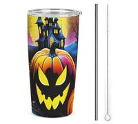 3D Printing Pumpkin Halloween Thermal Travel Mug - Stainless Steel - Leakproof and Insulated - Includes Straw and Cleaning Brush 20oz