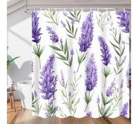 3D Purple Flower Shower Curtain Mould Proof Resistant Long Shower Curtains 150 x 180 cm Wet Room Waterproof Washable Fabric Green Leaves Bathroom Curtains with 8 Hooks e-275