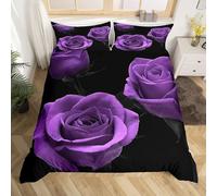 3D Purple Roses Duvet Cover Rose Bouquet Bedding Sets Single Bed Set Soft Breathable Microfibre Quilt Cover 155x220 with Zipper Closure and 2 Pillowcases A-3867
