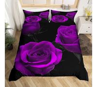 3D Purple Roses Single Duvet Cover Set Romantic Flowers Bedding Single Bed Set Soft Breathable Microfibre Quilt Cover 135x200 with Zipper Closure and 2 Pillowcases A-3621