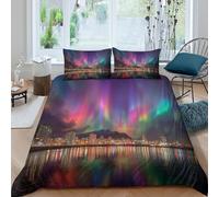 3D Rainbow City Duvet Cover Sets Northern Lights in The Sky Bedding 3Pcs Comforter Cover Soft & Cosy Printed Microfibre Quilt Covers Double（200x200cm）