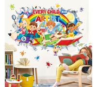 3D Rainbow Inspirational Quotes Wall Decals Every Child is an Artist Pencil Splatter Wall Stickers Kids Playroom School Library Classroom Wall Decor