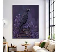 3D Raven Starry Sky Wall Art Retro Flowers Book Canvas Wall Decor Prints Purple Canvas Posters Modern Pictures Painting For Living Room Bedroom Bathroom 31X47 Inch Unframed
