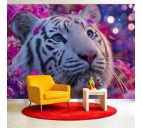 3D Realistic Animals Wall Murals 150 x 105 cm, White Tiger Floral Animal Mural Removable Wall Covering Fabric, Large Photo Wallpaper for Living Room Bedroom Kitchen Bathroom Office Kids