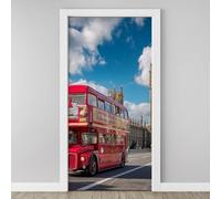 3D Red Bus London Street View Door Sticker, Cityscape Photography Mural, White Clouds Wallpaper Self-Adhesive Removable PVC Door Decal for Bedroom Living Room Home Decor Wall Murals 85x215 cm A5j37
