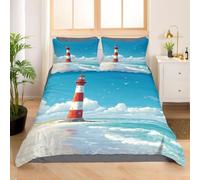 3D Red Lighthouse on the Beach King Size Duvet Cover Sets Blue Sky Double Bedding Set Warm Comfort Microfiber Quilt Cover Size 220x230 cm with 2 Pillowcases 50×75 cm D-2272
