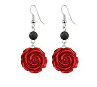 3D Red Rose Flower Blue Evil Eye Earrings Necklace for Women Black Lava-Rock Essential Oil Diffuser Dangle Earring Jewelry, Stainless Steel Resin, stainless steel resin