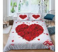 3D Red Rose Heart Double Duvet Cover Sets Romantic Petals Double Bedding Set Warm Comfort Microfiber Quilt Cover Size 200x200 cm with 2 Pillowcases 50×75 cm E-1361