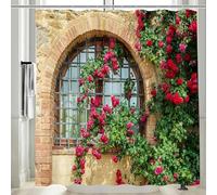 3D Red Rose Vine Shower Curtain Rustic Stone Wall Shower Curtains Mould Proof Resistant Waterproof Polyester Fabric Bathroom Curtains 200 x 200 cm Bath Curtain for Wet Rooms A/3716