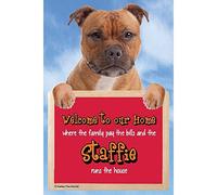 3D RED STAFFIE DOG WELCOME SIGN STUNNING EYE CATCHING STAFFORDSHIRE BULL TERRIER 23CM X 15CM DURABLE SIGN