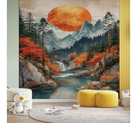 3D Red Sun Mountain Forest Lake Wall Stickers, Waterfall Nature Mural Self-Adhesive Wallpaper, Japanese Anime Vinyl Murals Poster for Home Office Bedroom Decoration 210x300 cm