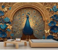3D Relief Peacock Mural Exquisite Carved Wooden Arches Mural Wallpaper Blue and Gold Flowers and Butterfly Wallpaper Luxury Elegant Nature Art Wall Paper for Bedrooms Living Room Poster 300X210cm