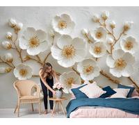 3D Relief Photo Wallpaper, 450x315cm Three-Dimensional Cherry Blossom Branches Wall Murals 3D Effect Large Wallpaper Wall Decor for Living Room, Sofa, TV Background, Hallway, White And Brown