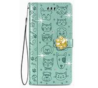 3D Relief PU Leather Cover for Blackview Wave 9C Flip Wallet Case Glitter Imprinting Handset Shell Bookstyle Cellphone Skin Pouch Cute Cat Dog Pattern Design Green