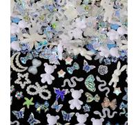 3D Resin Butterfly Bear Nail Accessories Peach Blossom Star Bow Snake Rabbit Animal Shape Water Diamond Pearl Suitable for DIY Nail Decoration Production Process Accessories (200pcs,Aurora Color)