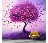 3D Romantic Style Love Tree Wall Mural Wallpaper Non-Woven for Living Room, Bedroom, Children's Room - Large Photo Wallpaper for Tv Background, Purple Tree with Floating Heart 300 X 210 Cm
