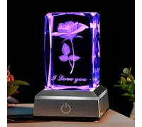 3D Rose Crystal with LED Color Lamp Base, Birthday, Valentine's Day Present for Girlfriend, Boyfriend, Aunt, Wife, Mother, Friendship and Love Commemorate Unique Anniversary Rose