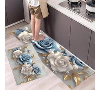 3D Rose Kitchen Rugs Non Skid Washable Mats Set of 2 PCS, Pearl Butterfly Absorbent Runner Rugs for Kitchen, Front of Sink,Sink Laundry, 50x80cm+50x150cm Light Gray
