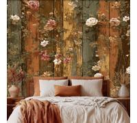 3D Rose Mural Wallpaper, Rustic Wood Grain Floral Wallpaper for Bedroom, Living Room, TV Backdrop, Office, Hotel Wall Background Decoration Non-Woven Wall Paper 250 x 175 cm (WxH) A173