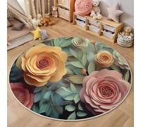3D Rose Round Rugs, Washable Non-Slip Rug Mixed Colors Round Area Rugs, Diameter 100 Cm Flowers And Leaves, For Living Room Bedroom Hallway Study Coffee Table Bedside Rug