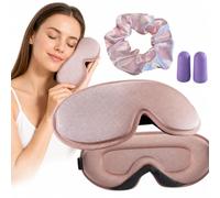 3D Satin Sleep Mask with Ear Plugs & Scrunchie Set | Blackout Eye Mask for Women | Lash Extension Safe, Zero Eye Pressure | Pink Silk Feel Sleeping Mask for Side & Back Sleepers