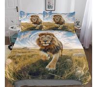 3D Savanna Lion Super King Duvet Cover Sets Wildlife Double Bedding Set Warm Comfort Microfiber Quilt Cover Size 240x260 cm with 2 Pillowcases 50×75 cm E-4962