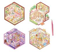 3D Scene - 4X Korean House Miniature Scene with Cute Design, Reusable Material with Easy Application, Decorative Stickers, Funny for Adults, Habit