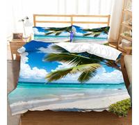 3D Seascape Duvet Cover Hawaiian Bedding Set Double Size Quilt Cover Microfibre Comforter Cover with Zipper and Pillowcases 3 Pcs