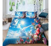 3D Seaside Flowers and Clear Skies Single Duvet Cover Set Natural Scenery Single Bedding Sets Warm Comfort Microfiber Quilt Cover 135x200 cm with 2 Pillowcases for Boys Girls Bedroom F-3326