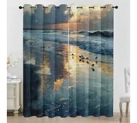 3D Seaside Sunset Blackout Curtains for Bedroom, Oil Painting Ocean Beach Window Drapes Eyelet Thermal Insulated Curtains for Living Room 2 Panels 90 x 90 Inch (W x L) S80c