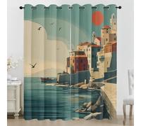 3D Seaside Town Blackout Curtains for Bedroom, Mediterranean Landscape Window Drapes Eyelet Thermal Insulated Curtains for Living Room 2 Panels 66 x 90 Inch (W x L) S28c