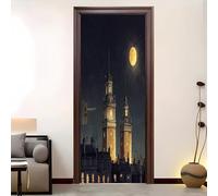 3D Self-Adhesive Door Mural Sticker 37.4" x 85 ", Big Ben Night View Under The Starry Sky Peel and Stick Removable Vinyl Grey Door Decals for Bedrooms Living Room Home Decor