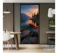 3D Self-Adhesive Door Murals Sticker, 80 x 210 cm PVC Removable Gradient Sunset Lake Mountains Wallpaper Decoration for Bedrooms, Grey Blue Interior Doors Natural Landscape Poster Stickers