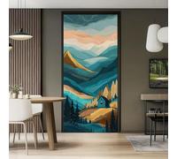 3D Self-Adhesive Door Murals Sticker, 95 x 215 cm PVC Removable Nature Mountains Evergreen Tree Silhouette Wallpaper Decoration for Bedrooms Living Room, Teal Interior Doors Dreamy Poster Stickers
