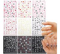 3D Self-Adhesive Nail Art Stickers with Bows Hearts Floral Designs - 9 Sheets Multi-Colour Set for DIY French Manicure, Sweet Romantic Nail Decoration and Art Kits, Pink Red Gold Black White Patterns